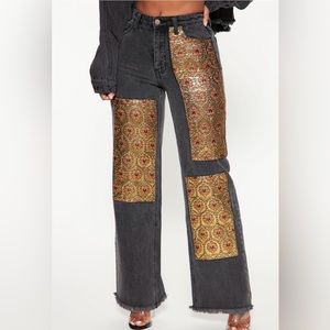 Floral Brocade Wide Leg Denim Jeans